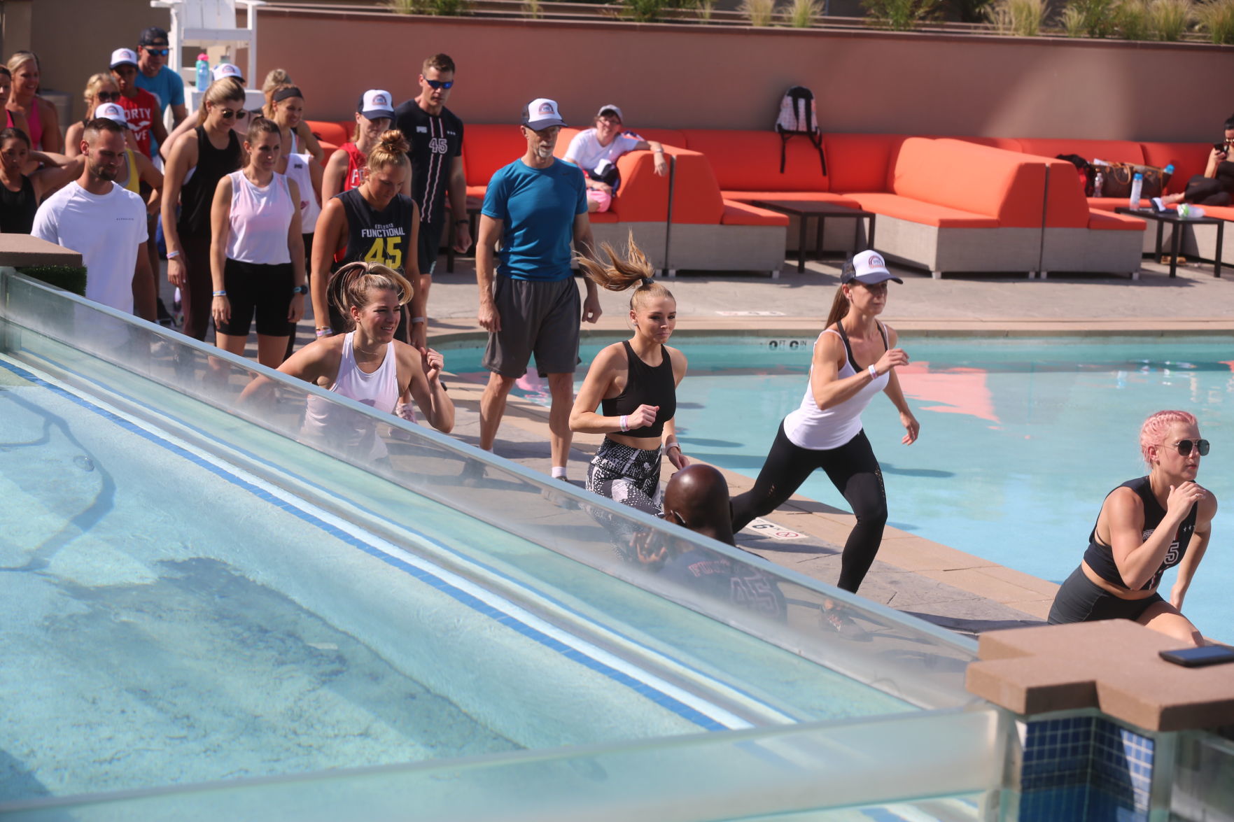 Actor Mark Wahlberg helps to lead a F45 track workout at Ocean Casino Resort in Atlantic City as part of the casino's one-year anniversary Saturday, June 22, 2019.
